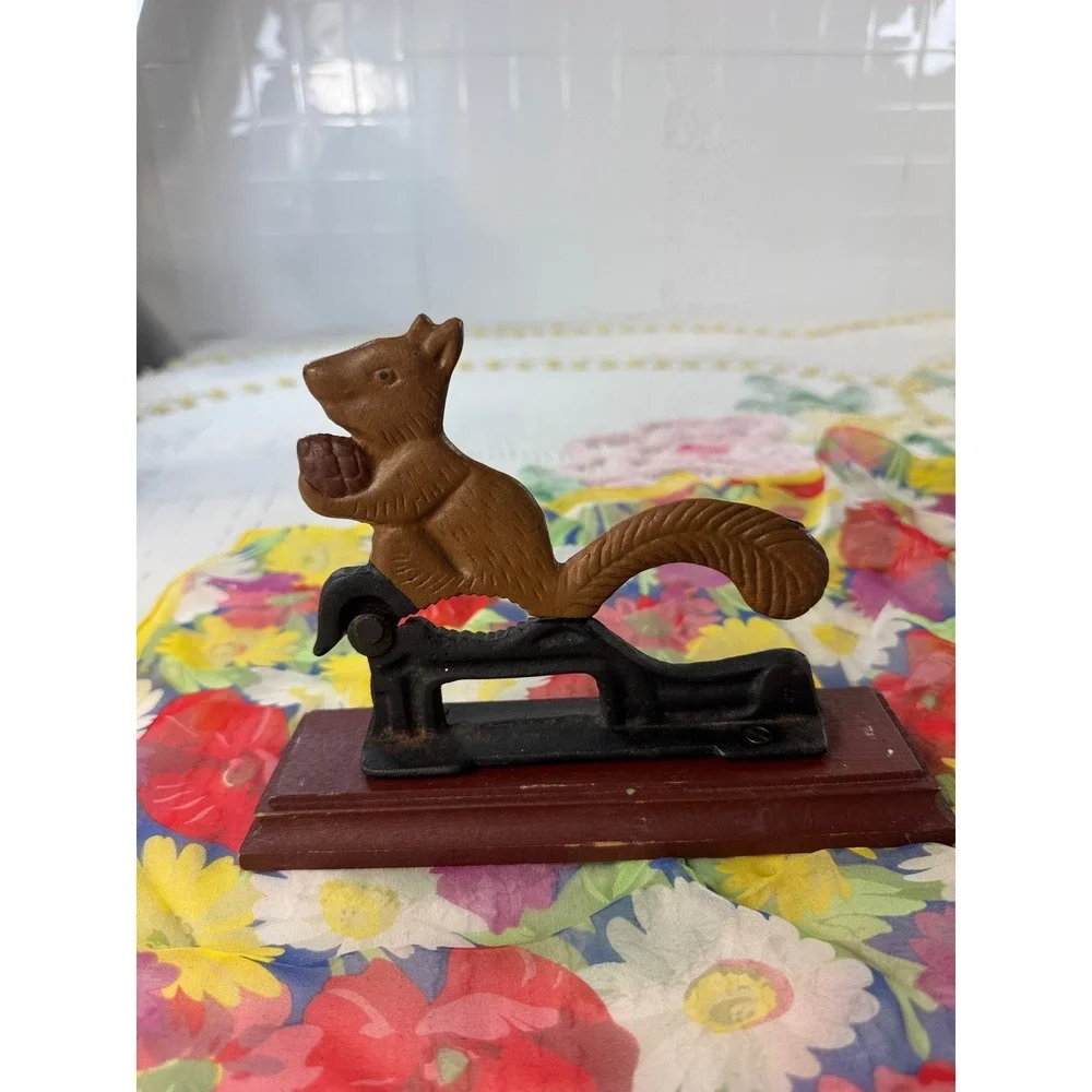 Vintage Squirrel Cast Iron Nutcracker on Wood Base Rustic Cabin Decor